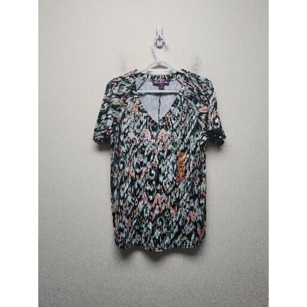 Gloria Vanderbilt V Neck Beaded Blouse Multi Color Medium New